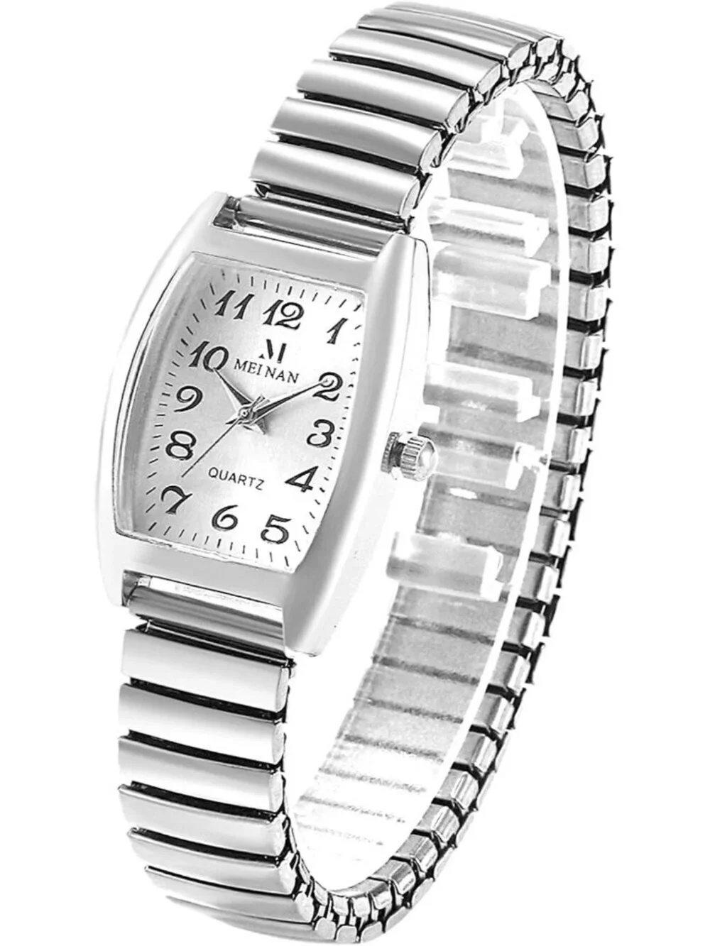 Women's Silver White Analog Quartz Big Dial Easy Reader Stretch Band Wrist Watch